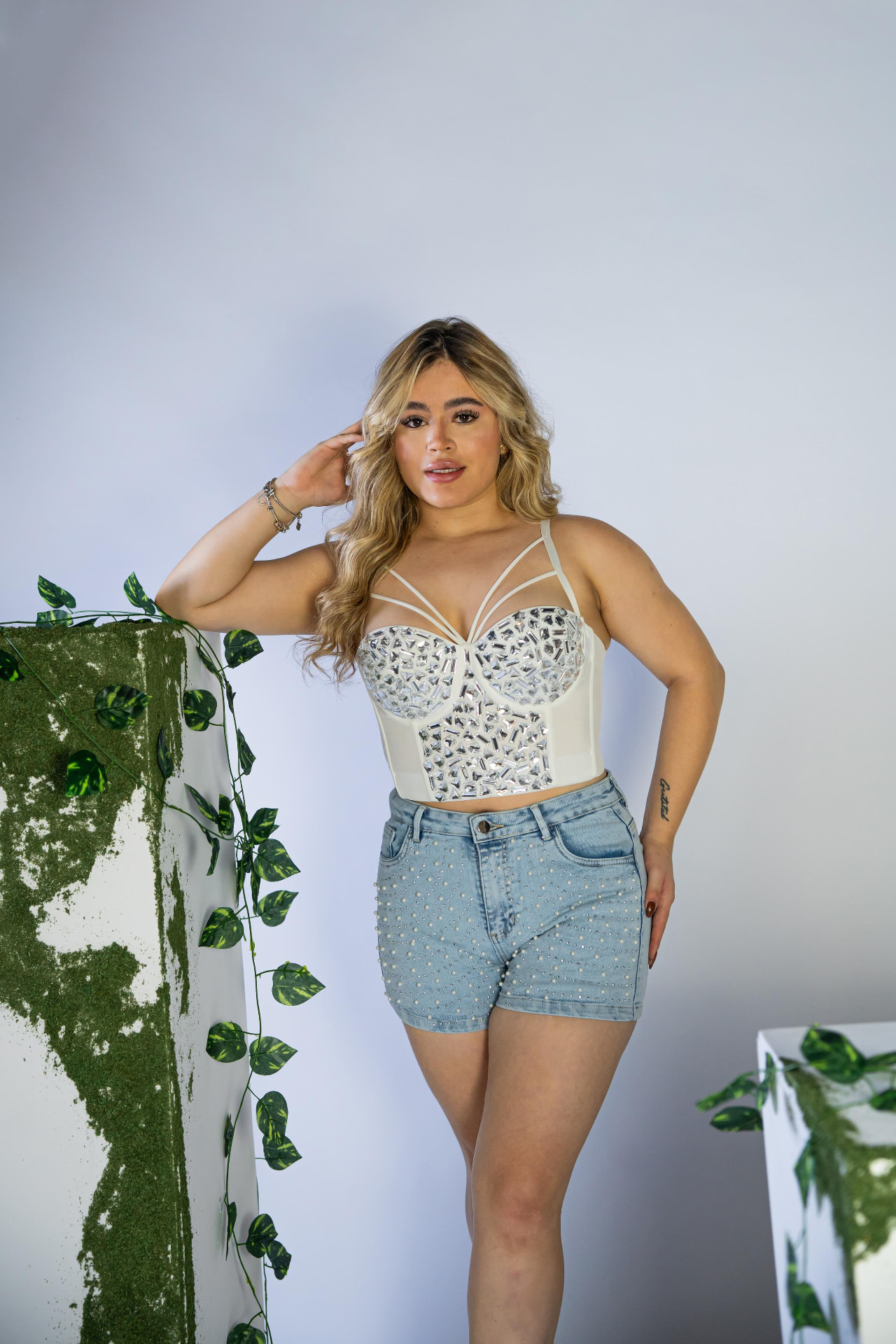 Fashion Fusion — crystal corset with pearl denim shorts